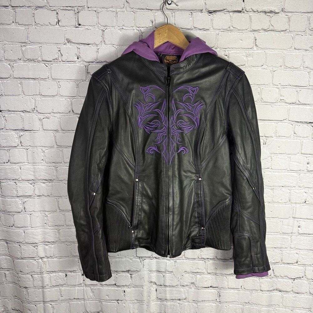 Milwaukee Leather Women's 3/4 Length Black and Purple Leather Hoodie Jacket Size
